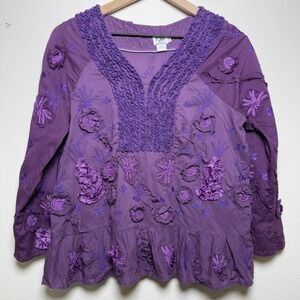 Pong Women Arsty Top Medium Blouse Purple Floral Embroidered Smocked Peplum Boho